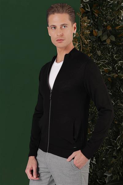 Slim Fit Ribanalı Siyah Yünlü Fermuarlı Hırka Triko Kazak TR 860