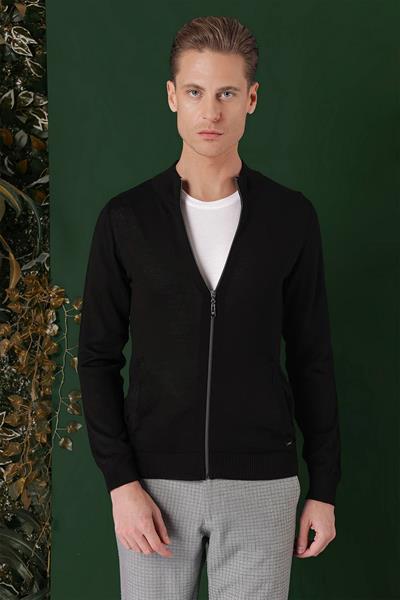 Slim Fit Ribanalı Siyah Yünlü Fermuarlı Hırka Triko Kazak TR 860
