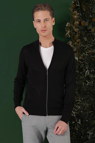 Slim Fit Ribanalı Siyah Yünlü Fermuarlı Hırka Triko Kazak TR 860
