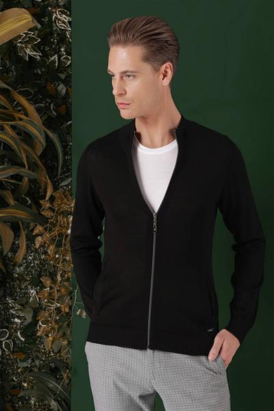 Slim Fit Ribanalı Siyah Yünlü Fermuarlı Hırka Triko Kazak TR 860
