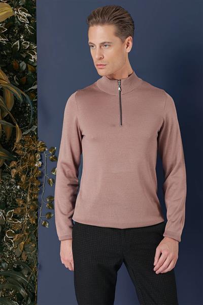 Slim Fit Ribanalı Fermuarlı Yarım Balıkçı Yünlü Gül Kurusu Triko Kazak TR 861