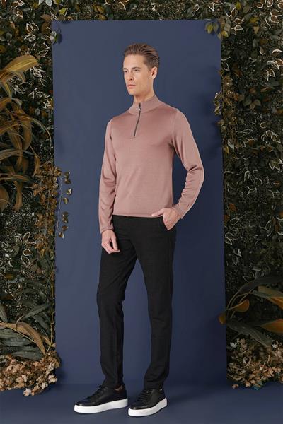 Slim Fit Ribanalı Fermuarlı Yarım Balıkçı Yünlü Gül Kurusu Triko Kazak TR 861