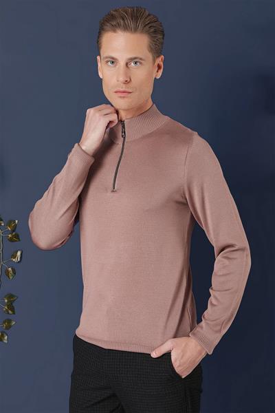 Slim Fit Ribanalı Fermuarlı Yarım Balıkçı Yünlü Gül Kurusu Triko Kazak TR 861
