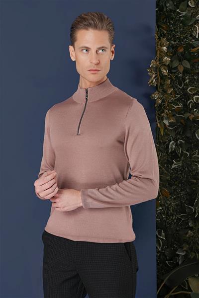 Slim Fit Ribanalı Fermuarlı Yarım Balıkçı Yünlü Gül Kurusu Triko Kazak TR 861