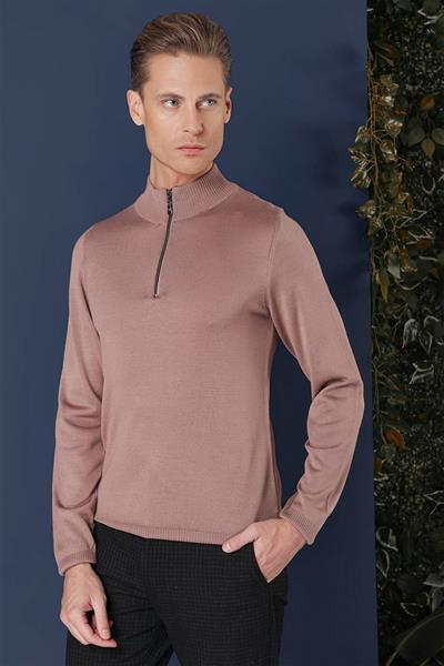 Slim Fit Ribanalı Fermuarlı Yarım Balıkçı Yünlü Gül Kurusu Triko Kazak TR 861