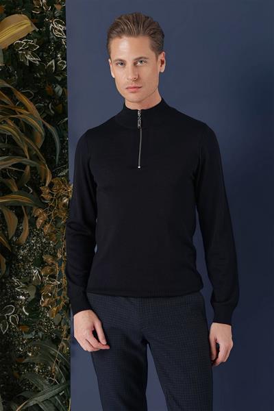 Slim Fit Ribanalı Fermuarlı Yarım Balıkçı Yünlü Lacivert Triko Kazak TR 861