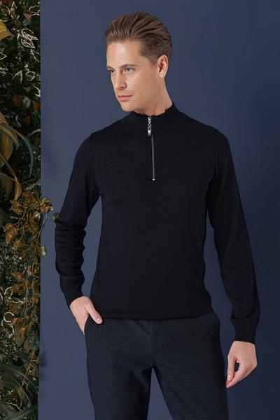Slim Fit Ribanalı Fermuarlı Yarım Balıkçı Yünlü Lacivert Triko Kazak TR 861