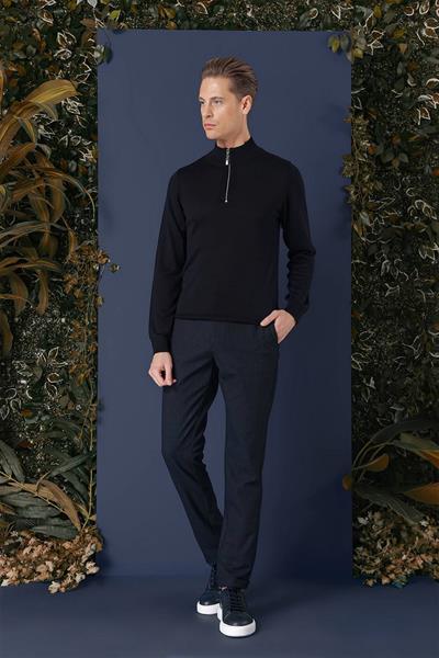 Slim Fit Ribanalı Fermuarlı Yarım Balıkçı Yünlü Lacivert Triko Kazak TR 861