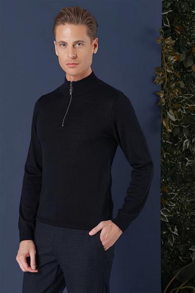 Slim Fit Ribanalı Fermuarlı Yarım Balıkçı Yünlü Lacivert Triko Kazak TR 861