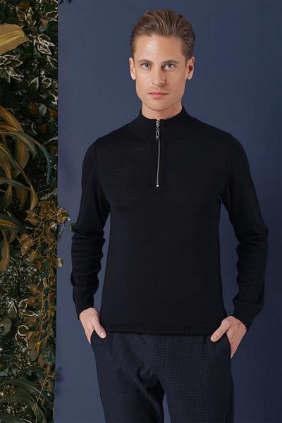 Slim Fit Ribanalı Fermuarlı Yarım Balıkçı Yünlü Lacivert Triko Kazak TR 861