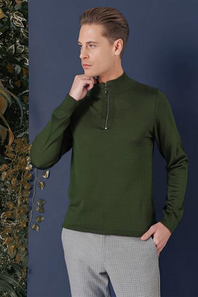 Slim Fit Ribanalı Fermuarlı Yarım Balıkçı Yünlü Nefti Triko Kazak TR 861