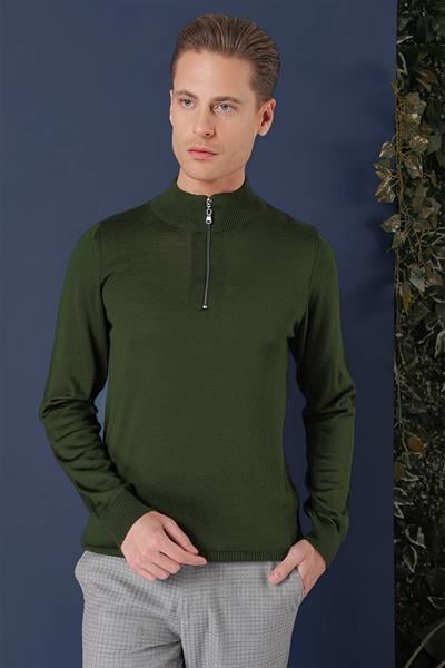 Slim Fit Ribanalı Fermuarlı Yarım Balıkçı Yünlü Nefti Triko Kazak TR 861