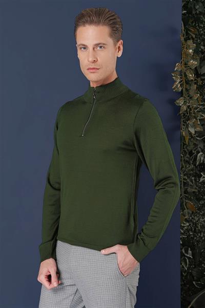 Slim Fit Ribanalı Fermuarlı Yarım Balıkçı Yünlü Nefti Triko Kazak TR 861