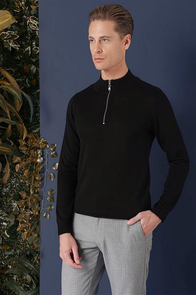 Slim Fit Ribanalı Fermuarlı Yarım Balıkçı Yünlü Siyah Triko Kazak TR 861