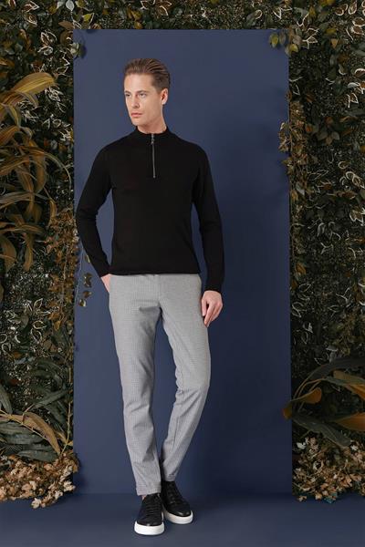Slim Fit Ribanalı Fermuarlı Yarım Balıkçı Yünlü Siyah Triko Kazak TR 861
