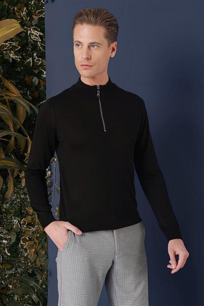 Slim Fit Ribanalı Fermuarlı Yarım Balıkçı Yünlü Siyah Triko Kazak TR 861
