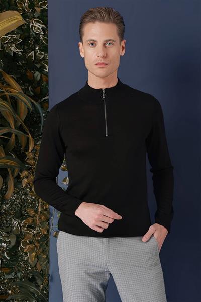 Slim Fit Ribanalı Fermuarlı Yarım Balıkçı Yünlü Siyah Triko Kazak TR 861
