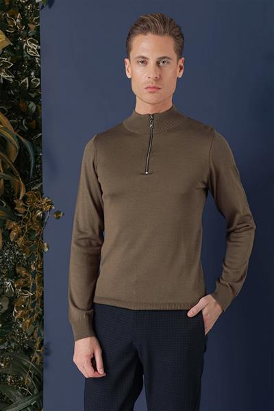 Slim Fit Ribanalı Fermuarlı Yarım Balıkçı Yünlü Tütün Triko Kazak TR 861
