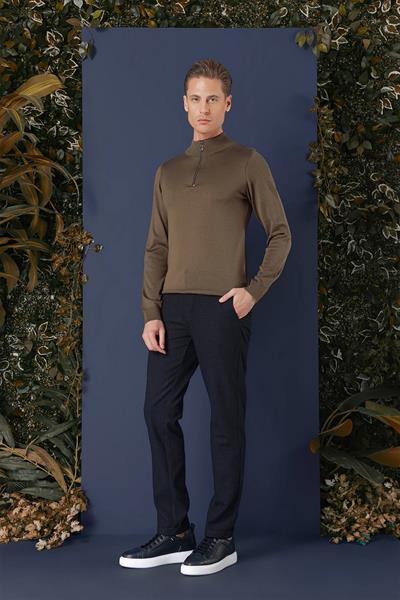 Slim Fit Ribanalı Fermuarlı Yarım Balıkçı Yünlü Tütün Triko Kazak TR 861
