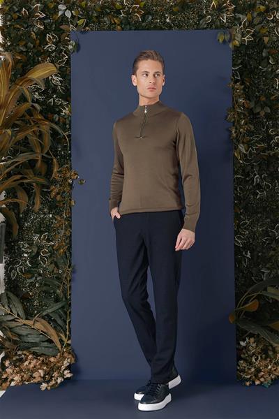 Slim Fit Ribanalı Fermuarlı Yarım Balıkçı Yünlü Tütün Triko Kazak TR 861