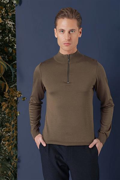Slim Fit Ribanalı Fermuarlı Yarım Balıkçı Yünlü Tütün Triko Kazak TR 861