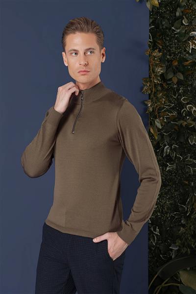 Slim Fit Ribanalı Fermuarlı Yarım Balıkçı Yünlü Tütün Triko Kazak TR 861