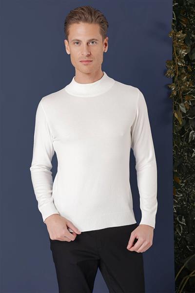 Slim Fit Ribanalı Düz Ekru Yünlü Yarım Balılçı Triko Kazak TR 863