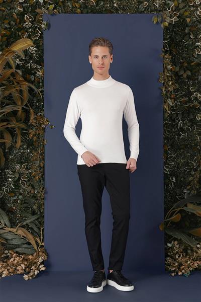 Slim Fit Ribanalı Düz Ekru Yünlü Yarım Balılçı Triko Kazak TR 863