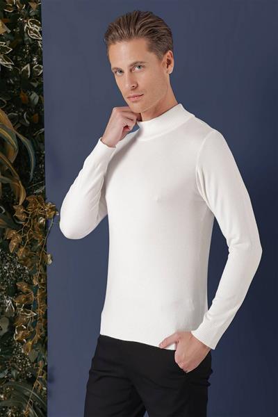 Slim Fit Ribanalı Düz Ekru Yünlü Yarım Balılçı Triko Kazak TR 863