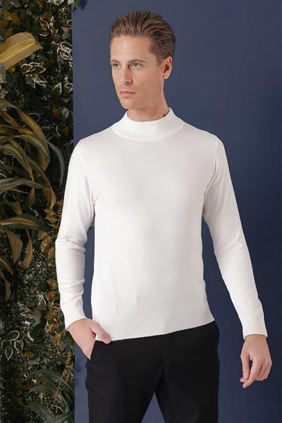 Slim Fit Ribanalı Düz Ekru Yünlü Yarım Balılçı Triko Kazak TR 863