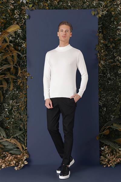 Slim Fit Ribanalı Düz Ekru Yünlü Yarım Balılçı Triko Kazak TR 863