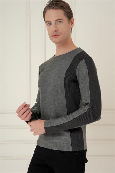 Slim Fit Yandan Ribana Modelli Antrasit Bisiklet Yaka Triko Kazak TR 871