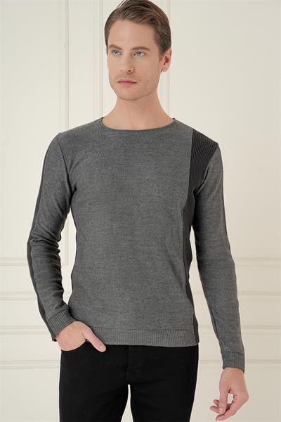 Slim Fit Yandan Ribana Modelli Antrasit Bisiklet Yaka Triko Kazak TR 871