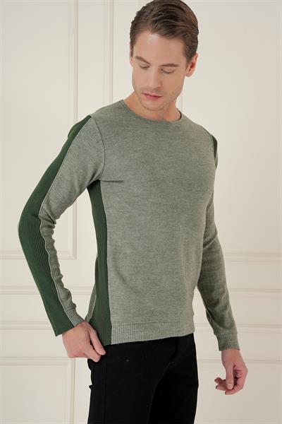 Slim Fit Yandan Ribana Modelli Haki Bisiklet Yaka Triko Kazak TR 871