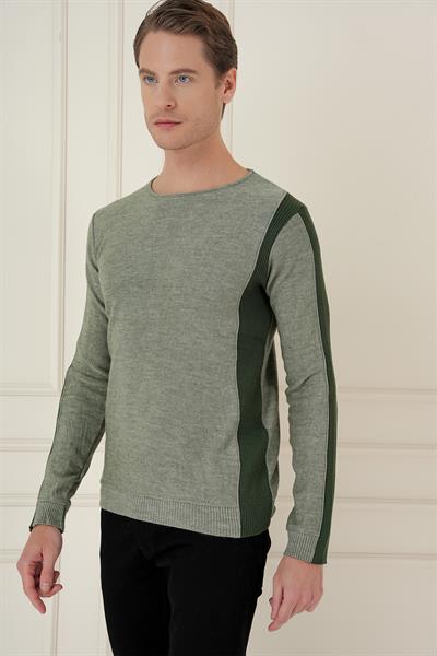 Slim Fit Yandan Ribana Modelli Haki Bisiklet Yaka Triko Kazak TR 871