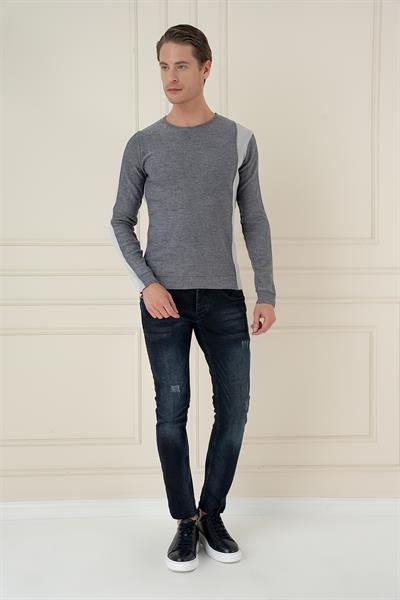 Slim Fit Yandan Ribana Modelli İndigo Bisiklet Yaka Triko Kazak TR 871