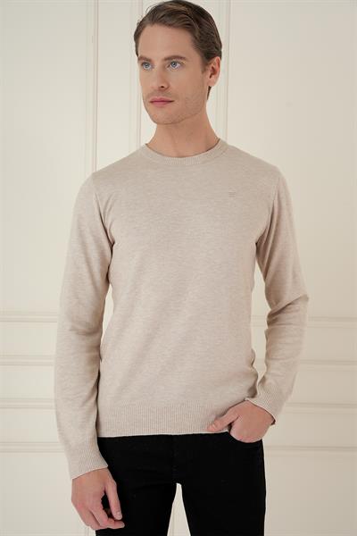 Slim Fit Ribanalı Düz Bej Yünlü Bisiklet Yaka Triko Kazak TR 875