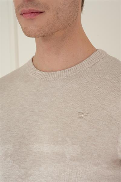 Slim Fit Ribanalı Düz Bej Yünlü Bisiklet Yaka Triko Kazak TR 875