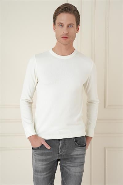 Slim Fit Ribanalı Düz Ekru Yünlü Bisiklet Yaka Triko Kazak TR 875
