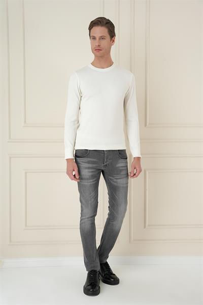 Slim Fit Ribanalı Düz Ekru Yünlü Bisiklet Yaka Triko Kazak TR 875