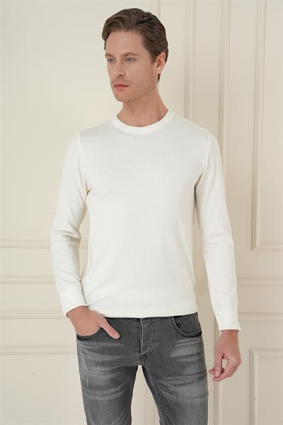 Slim Fit Ribanalı Düz Ekru Yünlü Bisiklet Yaka Triko Kazak TR 875