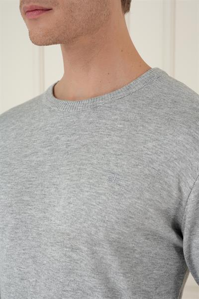 Slim Fit Ribanalı Düz Gri Yünlü Bisiklet Yaka Triko Kazak TR 875