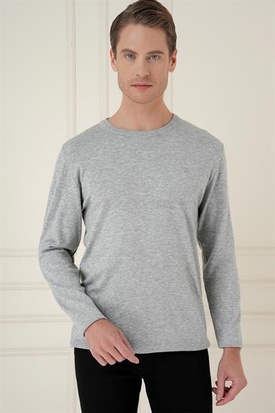 Slim Fit Ribanalı Düz Gri Yünlü Bisiklet Yaka Triko Kazak TR 875