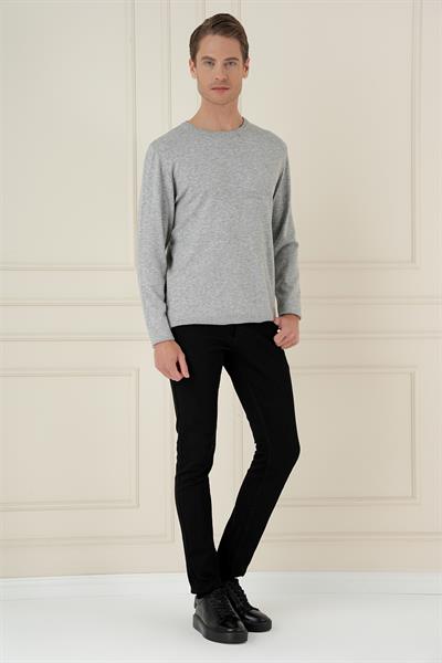 Slim Fit Ribanalı Düz Gri Yünlü Bisiklet Yaka Triko Kazak TR 875