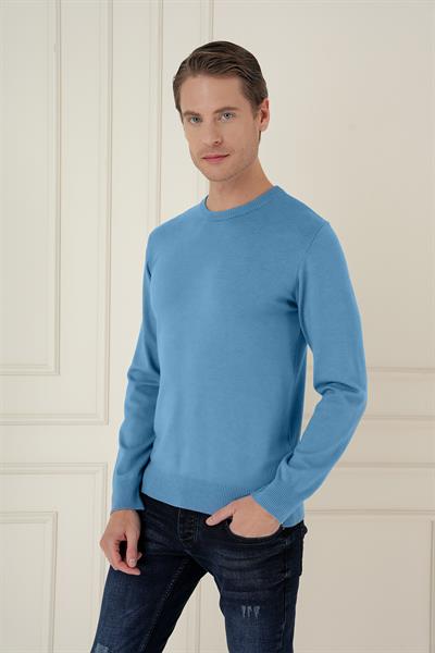 Slim Fit Ribanalı Düz Havacı Mavi Yünlü Bisiklet Yaka Triko Kazak TR 875