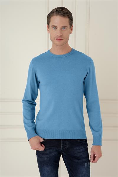 Slim Fit Ribanalı Düz Havacı Mavi Yünlü Bisiklet Yaka Triko Kazak TR 875