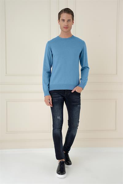 Slim Fit Ribanalı Düz Havacı Mavi Yünlü Bisiklet Yaka Triko Kazak TR 875