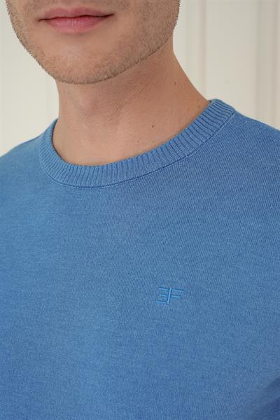 Slim Fit Ribanalı Düz Havacı Mavi Yünlü Bisiklet Yaka Triko Kazak TR 875