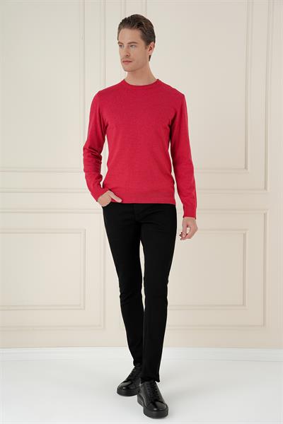 Slim Fit Ribanalı Düz Kırmızı Yünlü Bisiklet Yaka Triko Kazak TR 875