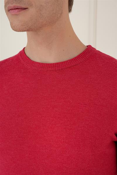 Slim Fit Ribanalı Düz Kırmızı Yünlü Bisiklet Yaka Triko Kazak TR 875